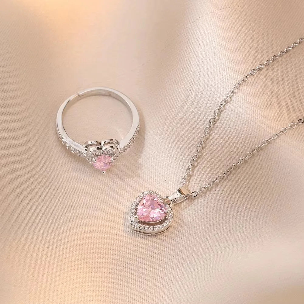 💖✨ Charm Fashion Pink Heart Zircon Jewelry Set 💎 | Luxury Silver Color Stainless Steel Ring & Necklace Set for Women 💕 | Colorfast Crystal Gift