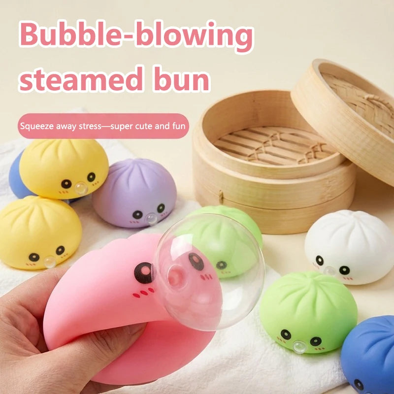 Steamed Bun Squishy Set – Bubble-Blowing Stretchy Sensory Fidget Toy