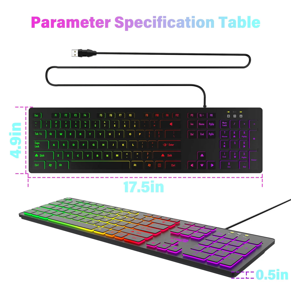 RGB Backlit Wired Gaming Keyboard – Mute USB Keyboard for Office & Home