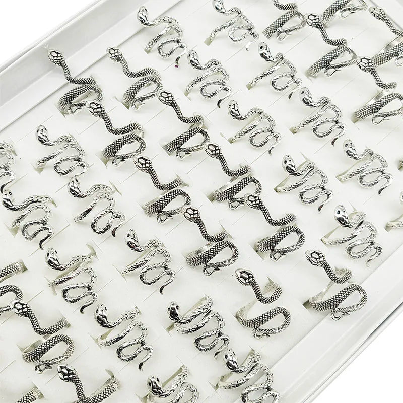 🐍💍 50pcs Vintage Snake Rings Set – Adjustable Silver Animal Jewelry