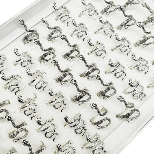 🐍💍 50pcs Vintage Snake Rings Set – Adjustable Silver Animal Jewelry
