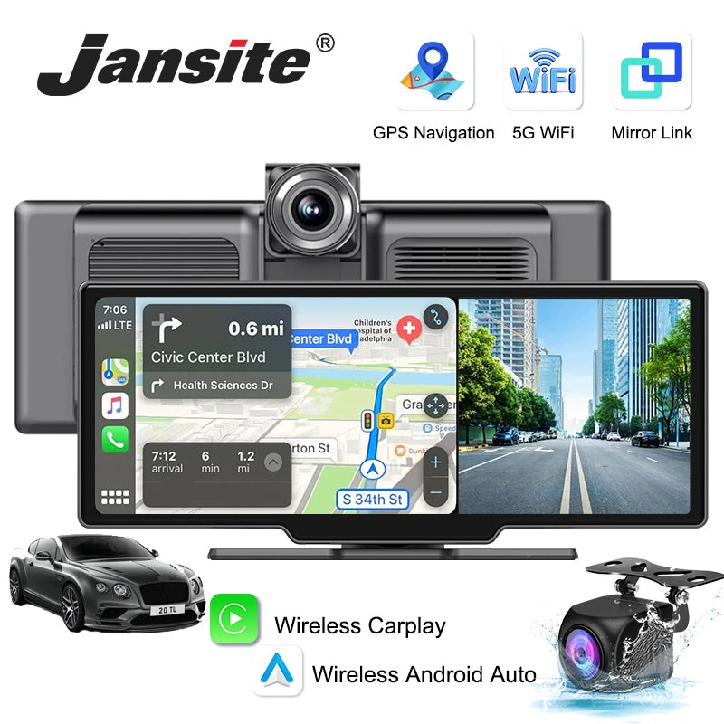 10.26" 4K Dash Cam Mirror with Wireless CarPlay & Android Auto, GPS, Rear Camera, 1600x600 IPS Touchscreen, Voice Control, Parking Monitor