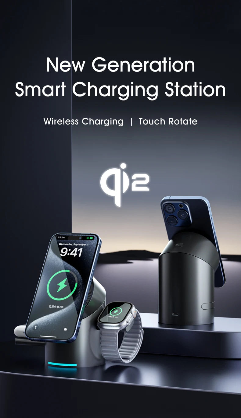 Qi2 3-in-1 Magnetic Wireless Charger – Touch Button Fast Charging Dock