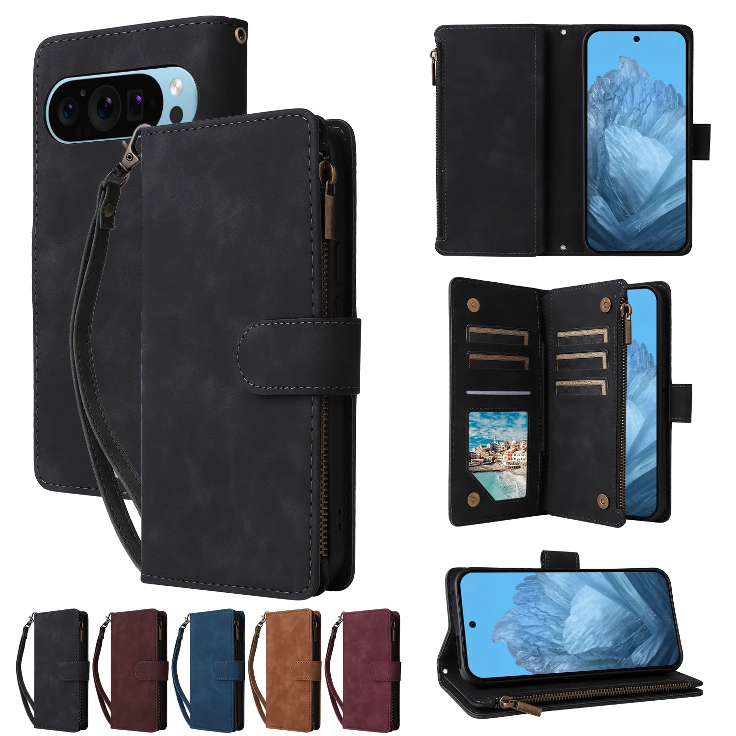 CAESBON Wallet Zipper Magnetic Flip Case with Kickstand for Google Pixel