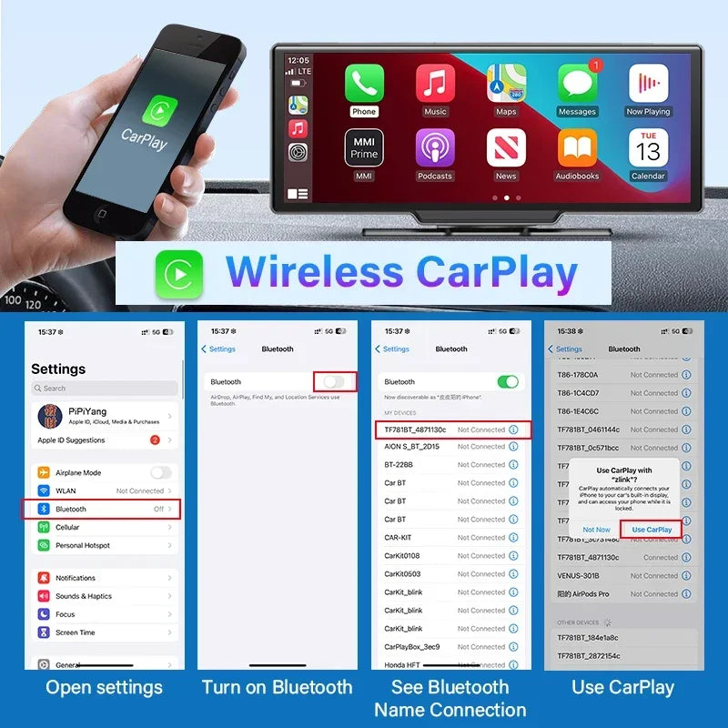 10.26" 4K Dash Cam Mirror with Wireless CarPlay & Android Auto, GPS, Rear Camera, 1600x600 IPS Touchscreen, Voice Control, Parking Monitor