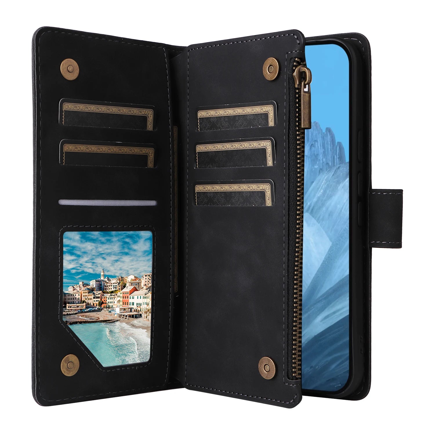 CAESBON Wallet Zipper Magnetic Flip Case with Kickstand for Google Pixel