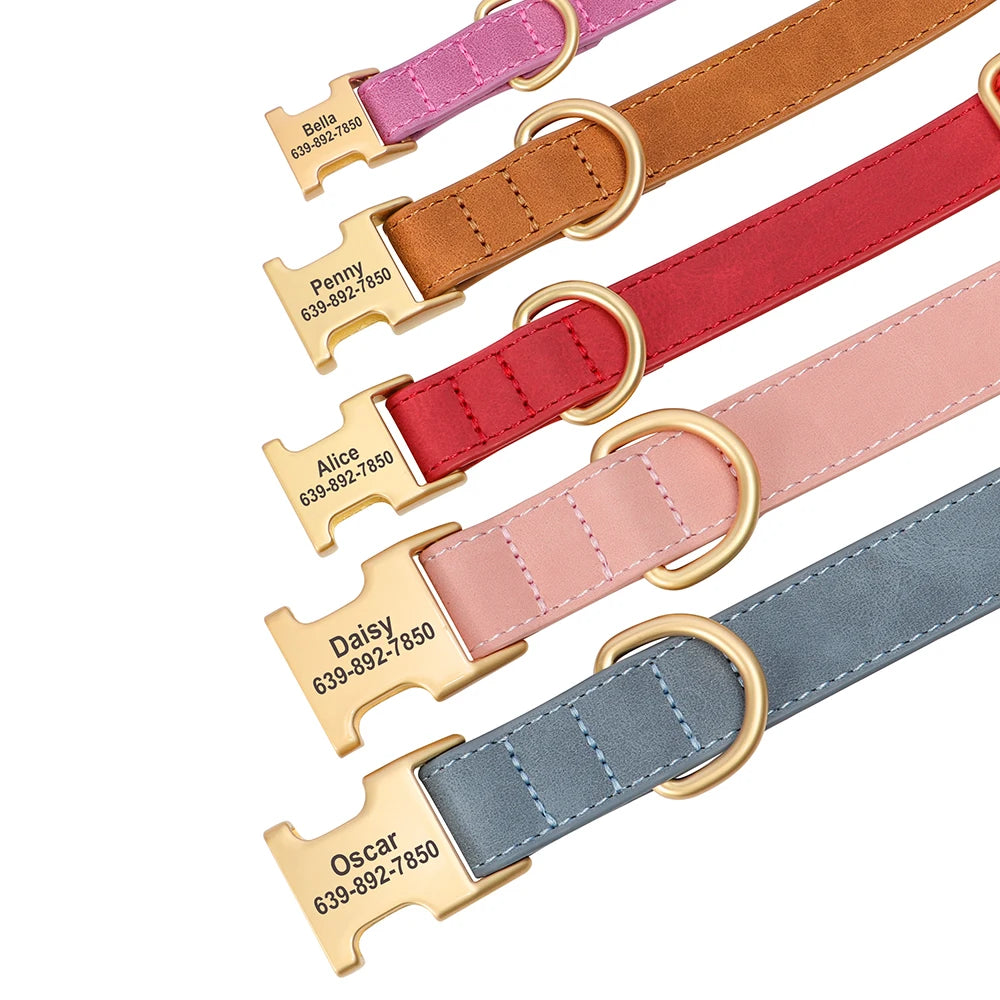 PU Leather Dog Collar with Free Custom Engraved Nameplate, Adjustable Anti‑Lost Buckle Collar for All Dog Sizes