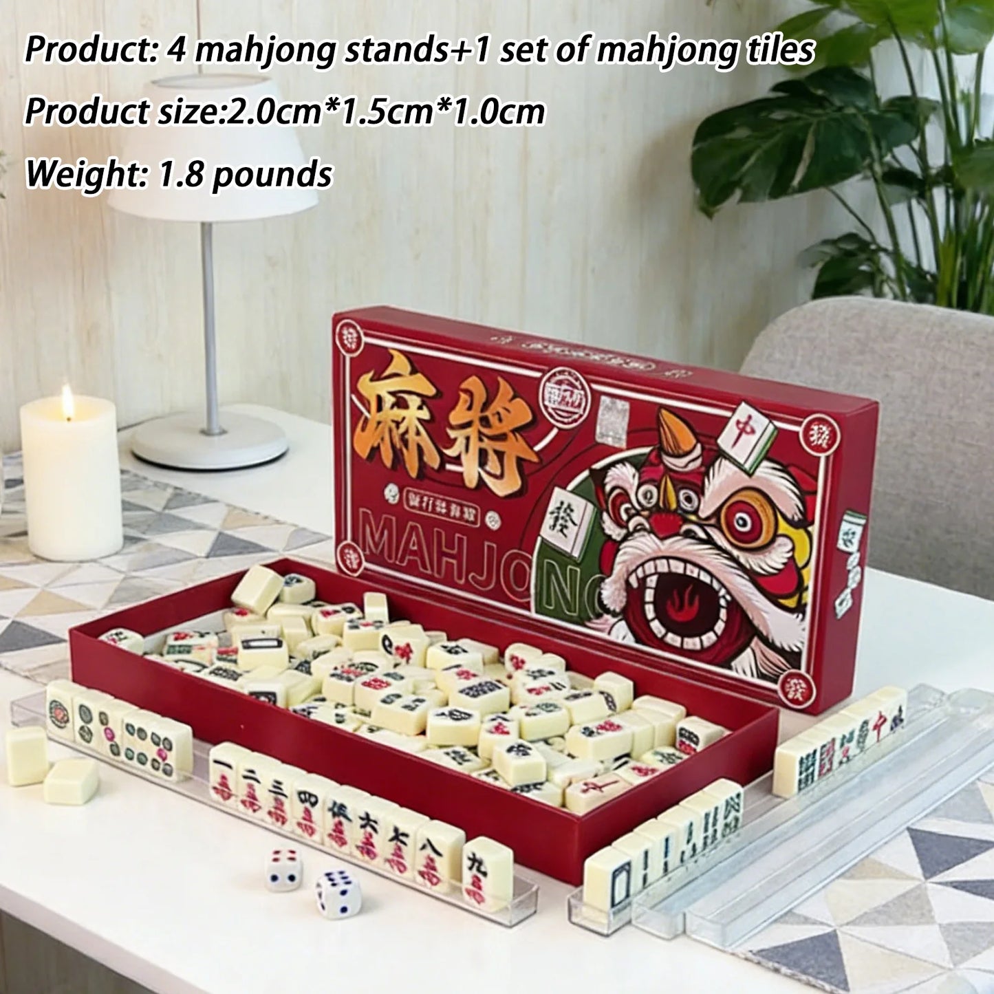 Mahjong Classic Traditional Chinese Set – Portable 144‑Tile Mahjong Game | Travel Table Game Set with Racks & Dice | Durable Acrylic Tiles | Chinese & American Mahjong for Home, Parties & Gifts