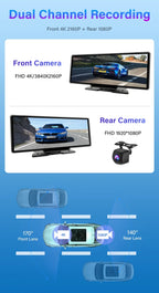 10.26" 4K Dash Cam Mirror with Wireless CarPlay & Android Auto, GPS, Rear Camera, 1600x600 IPS Touchscreen, Voice Control, Parking Monitor
