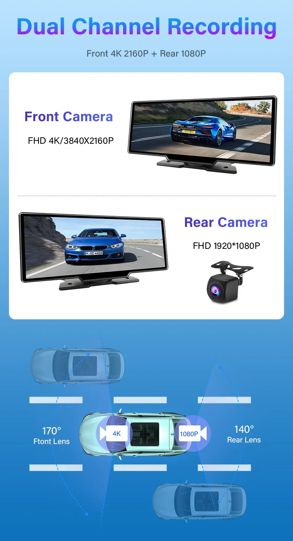10.26" 4K Dash Cam Mirror with Wireless CarPlay & Android Auto, GPS, Rear Camera, 1600x600 IPS Touchscreen, Voice Control, Parking Monitor