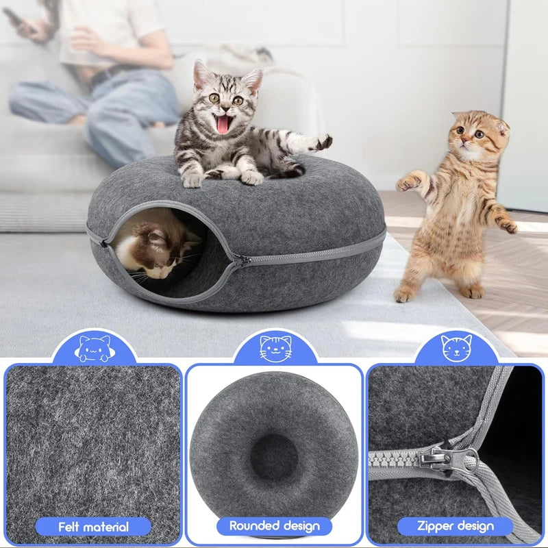 Donut Cat Tunnel Bed – Dual-Use Felt Cat House & Interactive Play Tunnel for Kittens and Indoor Cats