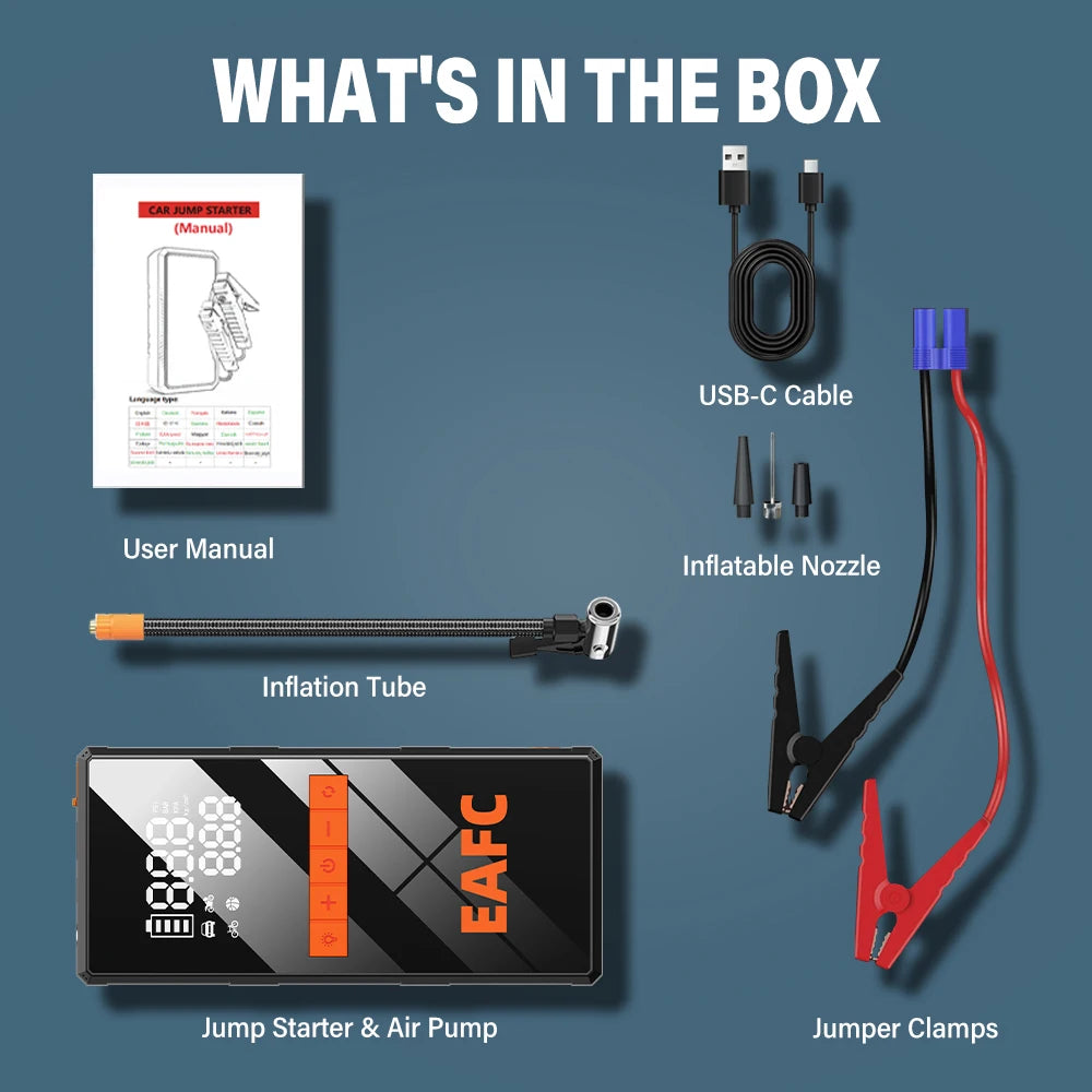 🚗⚡ 12V Car Jump Starter 4-in-1 – Wireless Tire Inflator Air Compressor, Power Bank & Fast Charging Portable Battery
