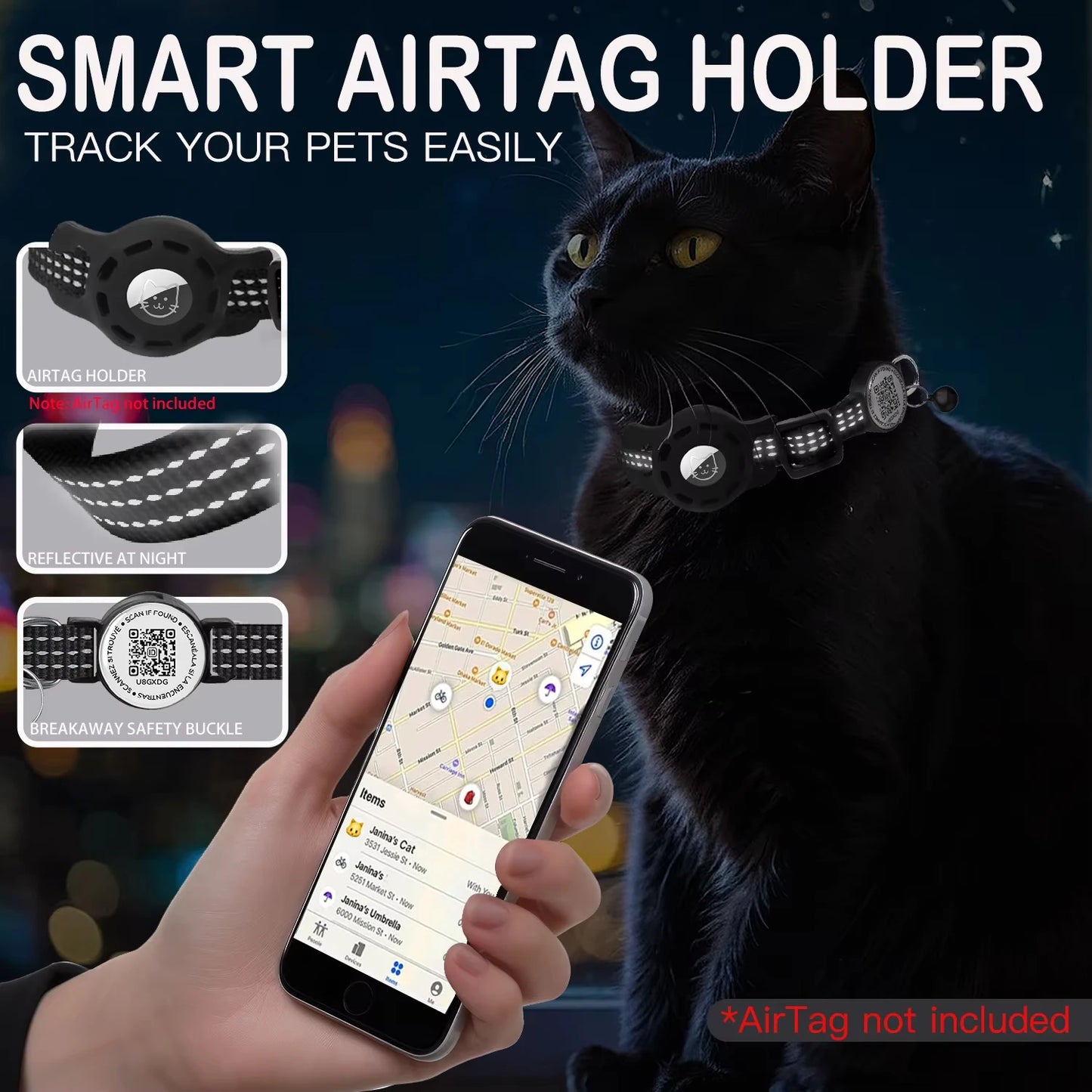📍🐾 Reflective Cat GPS Collar with QR Tag & AirTag Case – Breakaway Safety