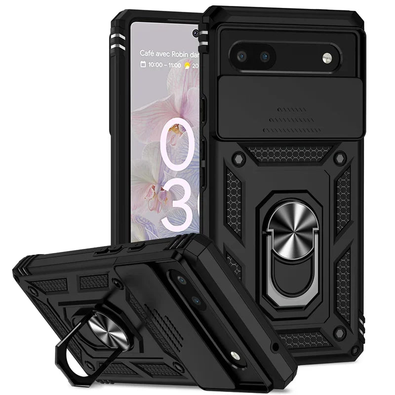 Slide Camera Armor Case with Magnetic Ring Holder for Google Pixel