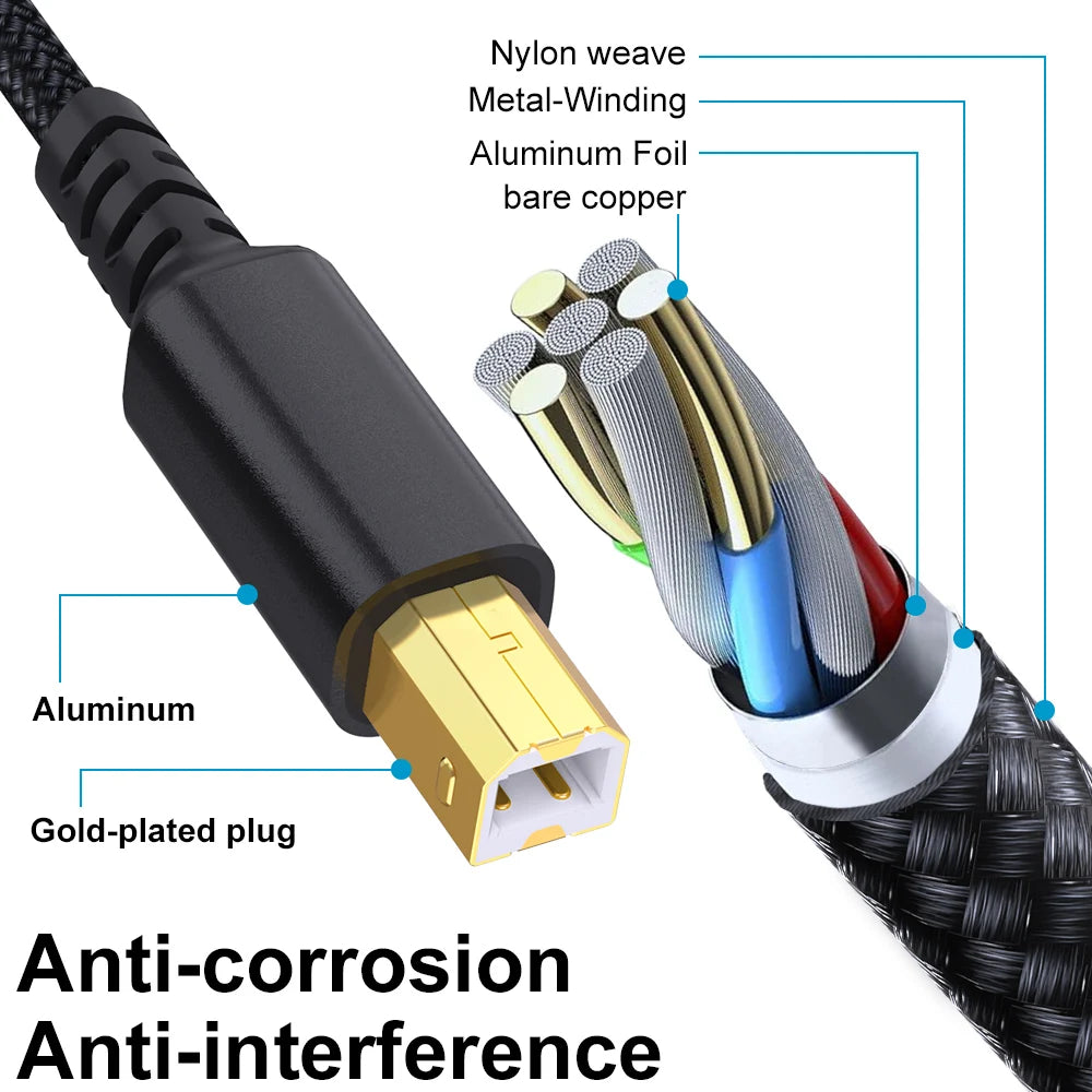🔥 USB A & USB‑C to USB‑B 2.0 Printer Cable | Nylon Braided High‑Speed Cord for Yamaha/Casio Digital Piano, DJ Controllers, Printers & More