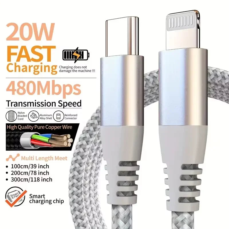 MFi Certified USB-C to Lightning Fast Charging Cable 20W – Nylon Braided (1PC / 2PCS)