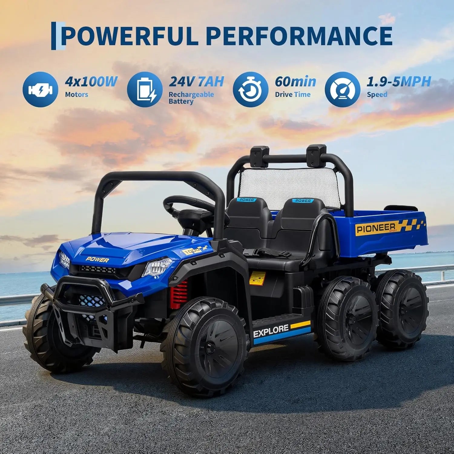 🚜⚡ 24V 2-Seater Kids Ride On Dump Truck 4WD Electric Car with Remote Control, Dump Bed, 3 Speed Modes, Music & LED Lights