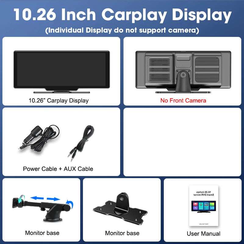 10.26" 4K Dash Cam Mirror with Wireless CarPlay & Android Auto, GPS, Rear Camera, 1600x600 IPS Touchscreen, Voice Control, Parking Monitor