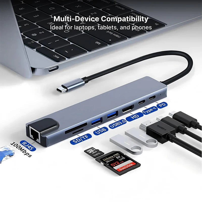 🔗💻 8-in-1 USB-C Hub – 4K HDMI Docking Station with RJ45 & PD