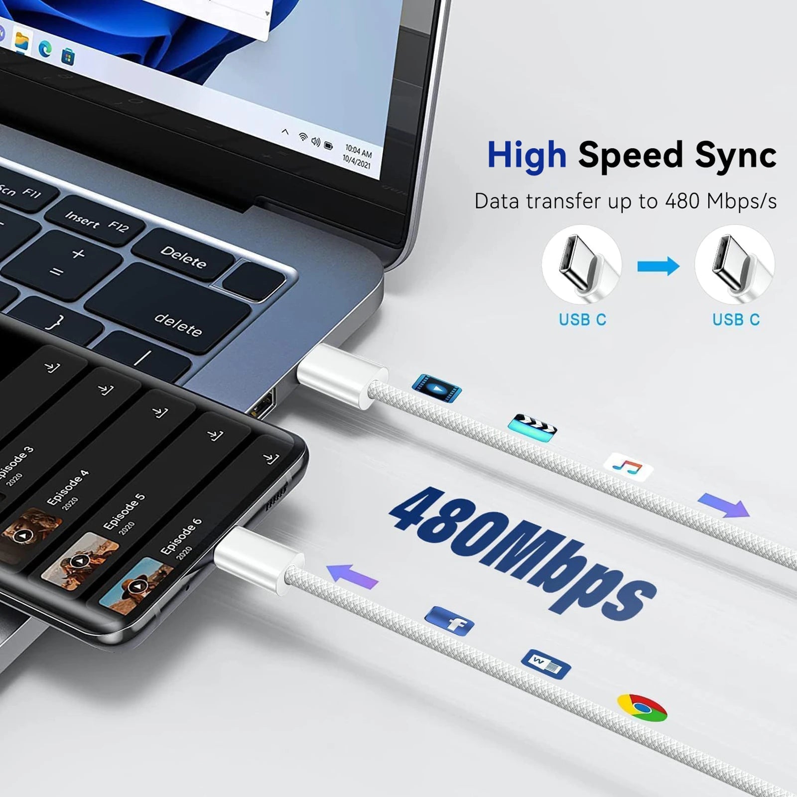 40W PD Fast Charger USB-C to C Cable – For iPhone & Samsung