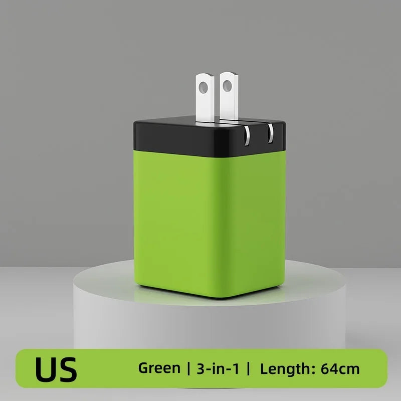 🔌 3-in-1 USB-C 120W Fast Charging Wall Adapter with Retractable Cable ⚡ | Dual Device Smart Charger for iPhone, Samsung & Google Pixel | Compact, Stylish & Travel-Ready