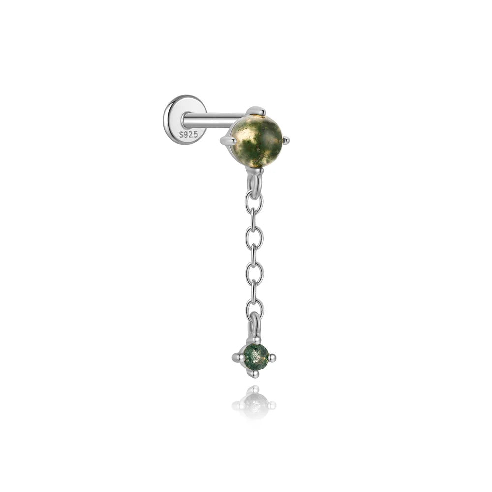 🌿✨ BOAKO 925 Sterling Silver Natural Moss Agate Pendant Piercing Earring 👑🌸 | Crown & Flower Design Elegant Daily Wear Jewelry for Women 💚