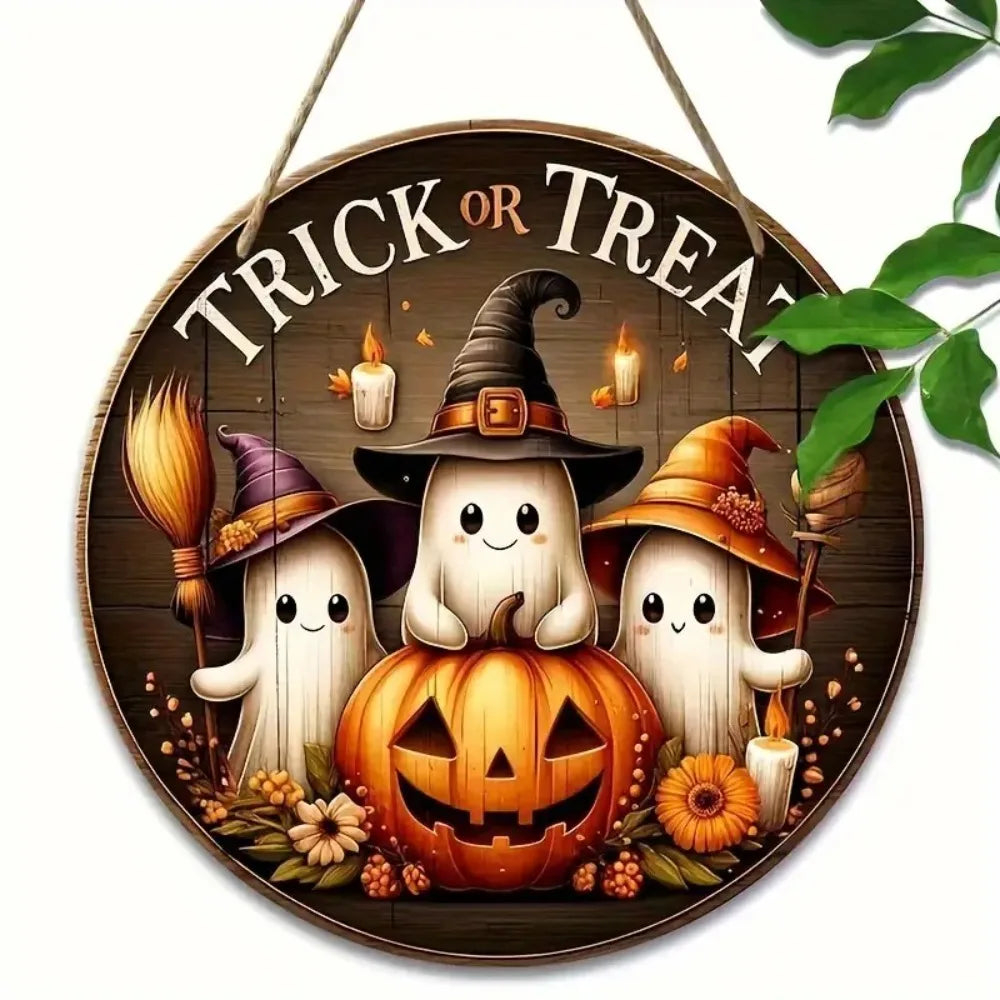 Halloween Wooden Round Sign – Ghost, Pumpkin & Witch Hat