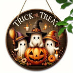 Halloween Wooden Round Sign – Ghost, Pumpkin & Witch Hat