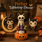 Hand-Painted Halloween Figurines – Owl, Ghost & Vampire Cat