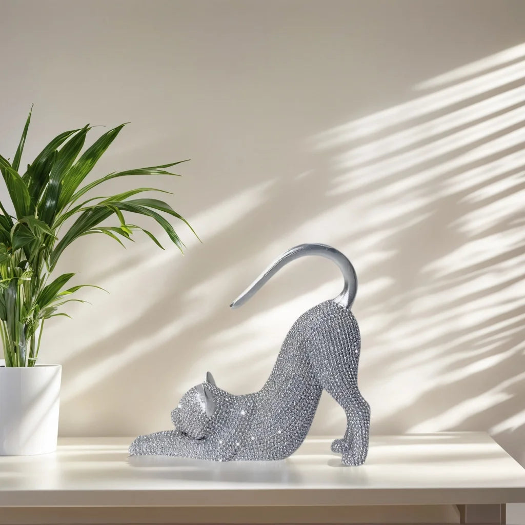 🐱✨ Lazy Cat Stretching Resin Figurine 💎 | Sparkling Crystal Desk Ornament 🏡 | Creative Cat Statue Home Decoration Gift for Cat Lovers 🎁