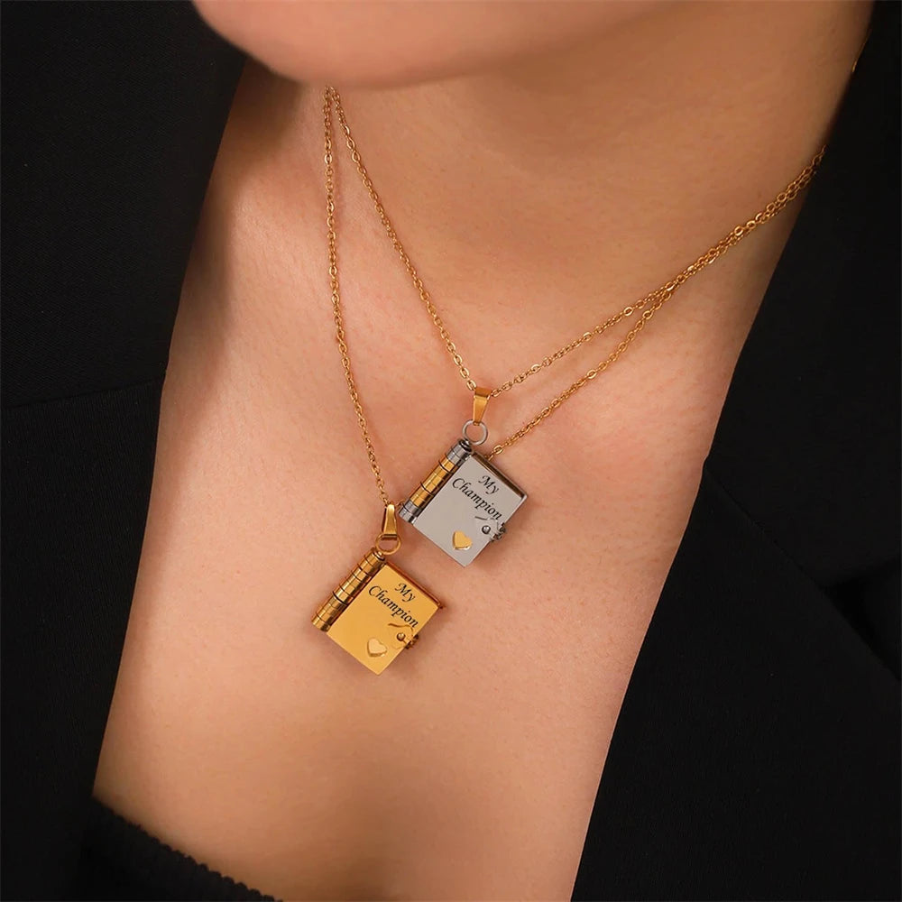 📖💙 To My Champion Son Book Necklace 🏆 | Engraved Openable Book Pendant with 6 Message Pages ✨ | Birthday Gift for Boys – My Little Hero 💪