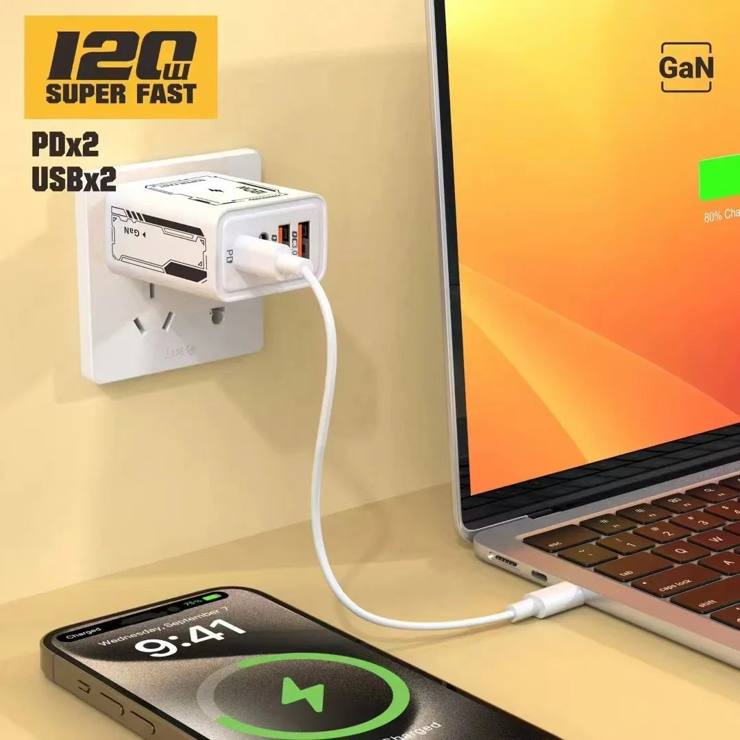 USB C PD Charger 120W ⚡ | 4-Port Quick Charge 3.0 Type-C Wall Adapter | Fast Charging Phone Charger for iPhone 16/15/14/13, Samsung S24 Ultra, Xiaomi, OnePlus