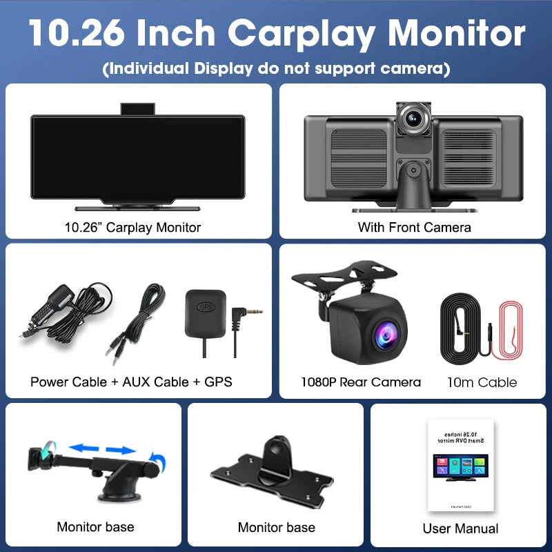 10.26" 4K Dash Cam Mirror with Wireless CarPlay & Android Auto, GPS, Rear Camera, 1600x600 IPS Touchscreen, Voice Control, Parking Monitor