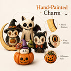 Hand-Painted Halloween Figurines – Owl, Ghost & Vampire Cat