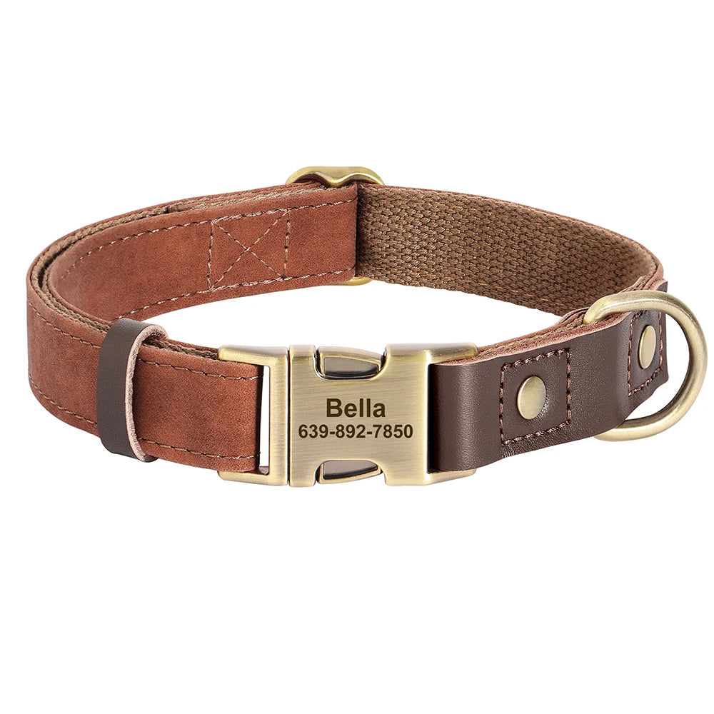 🐾 Customized Dog Collar | Durable PU Leather + Nylon | Engraved Pet ID Necklace 🐶 | Adjustable Metal Buckle for Small, Medium & Large Dogs (Pug, Pitbull, Chihuahua, Terrier) ✨