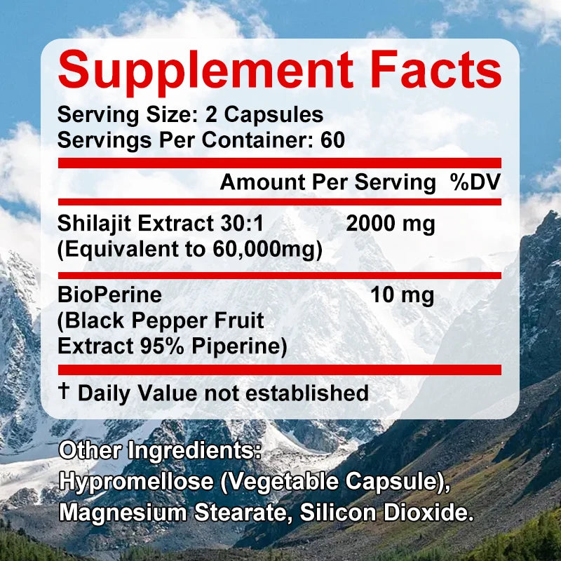 🌄 Himalaya Shilajit Capsules with Trace Minerals & Fulvic Acid – Natural Energy, Strength & Wellness Support (30/60/120 Capsules)