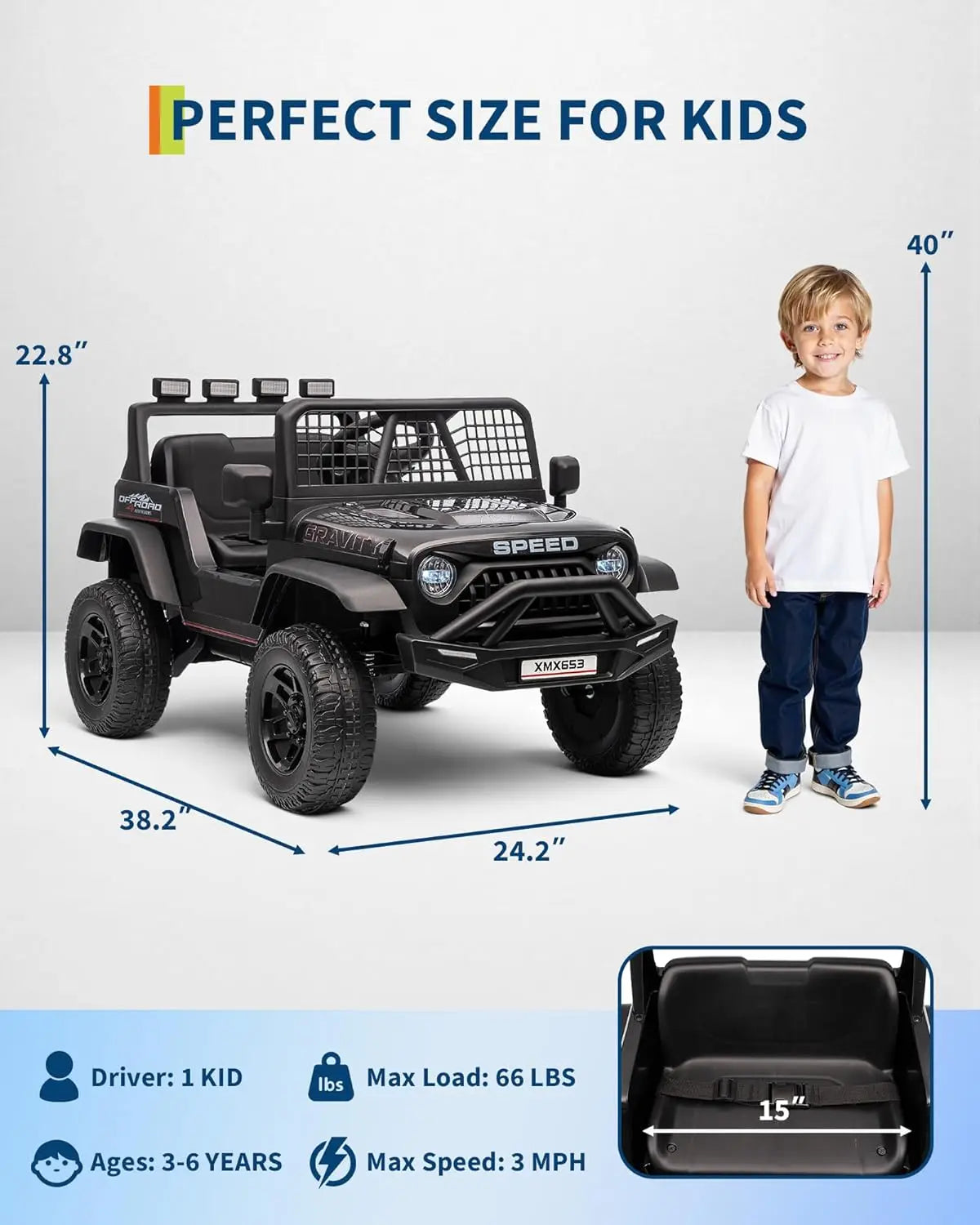 🚙 Electric Ride-On Car for Kids with Remote Control – LED Lights, Bluetooth Music Player, Kids Ride-On Truck Toy for Boys & Girls