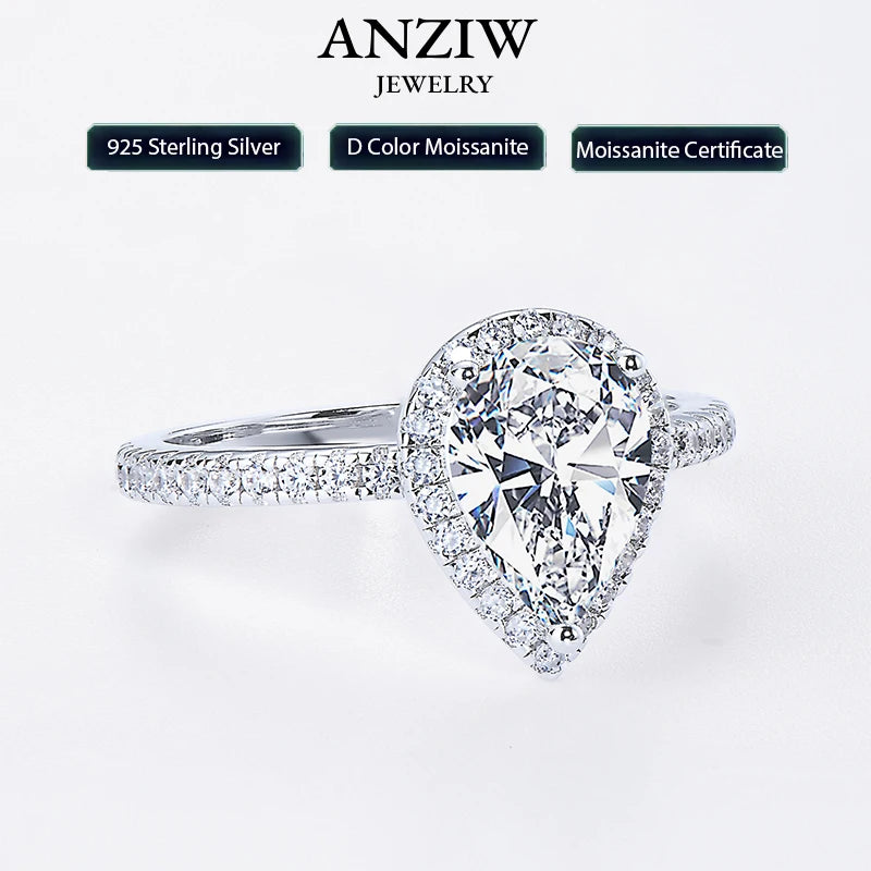 💎✨ Anziw Original 2.0CT Pear Cut Moissanite Wedding Promise Ring 🤍 | 925 Sterling Silver Engagement Ring Bands for Women 💍