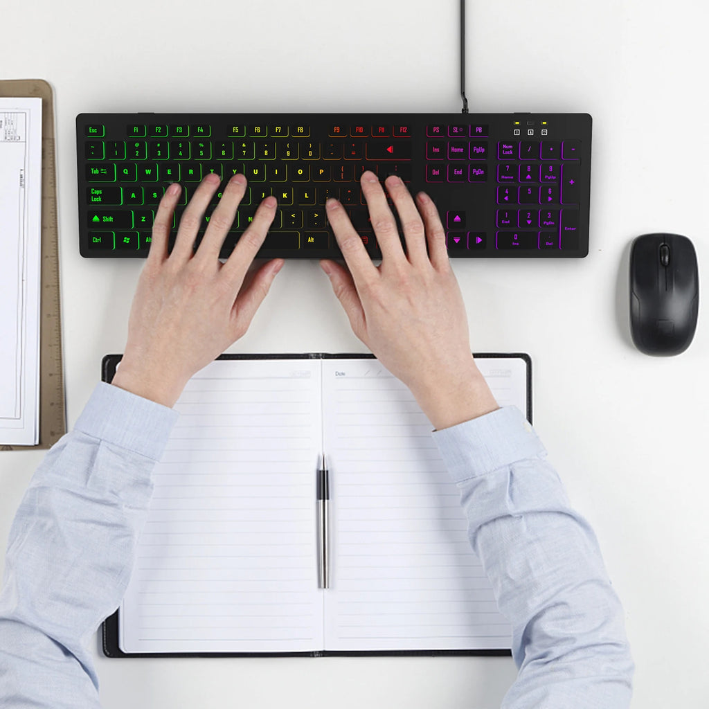 RGB Backlit Wired Gaming Keyboard – Mute USB Keyboard for Office & Home