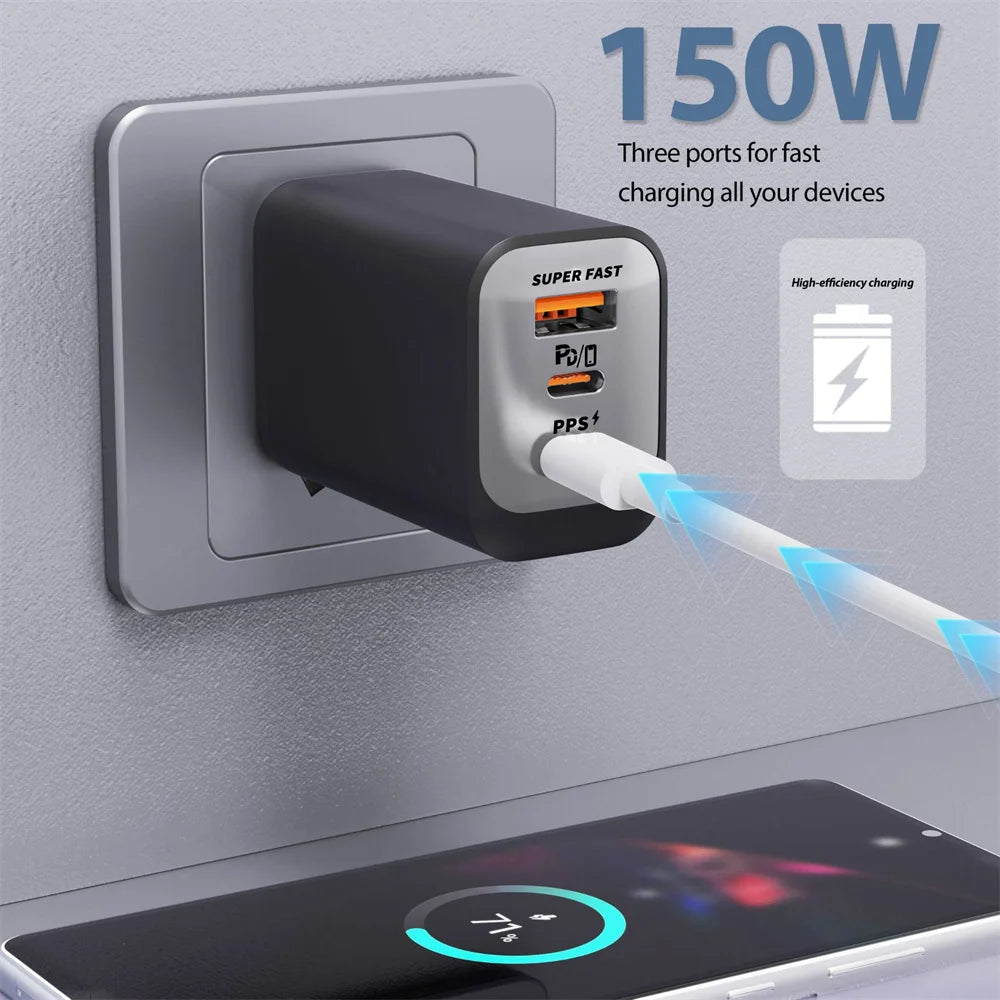 ⚡ 150W USB-C Fast Charger PD + QC3.0 | Super Fast 5.0 Travel Wall Adapter for iPhone 17, Samsung & Google Pixel 🔥