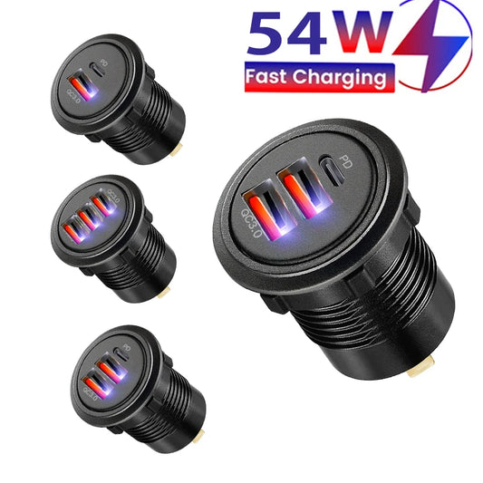 12V/24V Fast Charge USB Socket – 54W PD USB‑C + Dual QC3.0 Ports | Marine, Motorcycle, Truck & Car Power Outlet