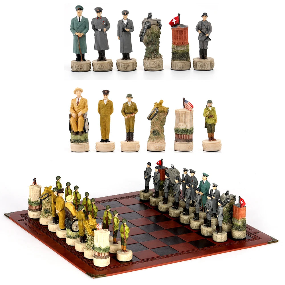 Luxury War‑Themed Metal & Resin Chess Set ♟️ | Hand‑Painted Knights on Leather Board | 32‑Piece Strategy Gift Set 🎁