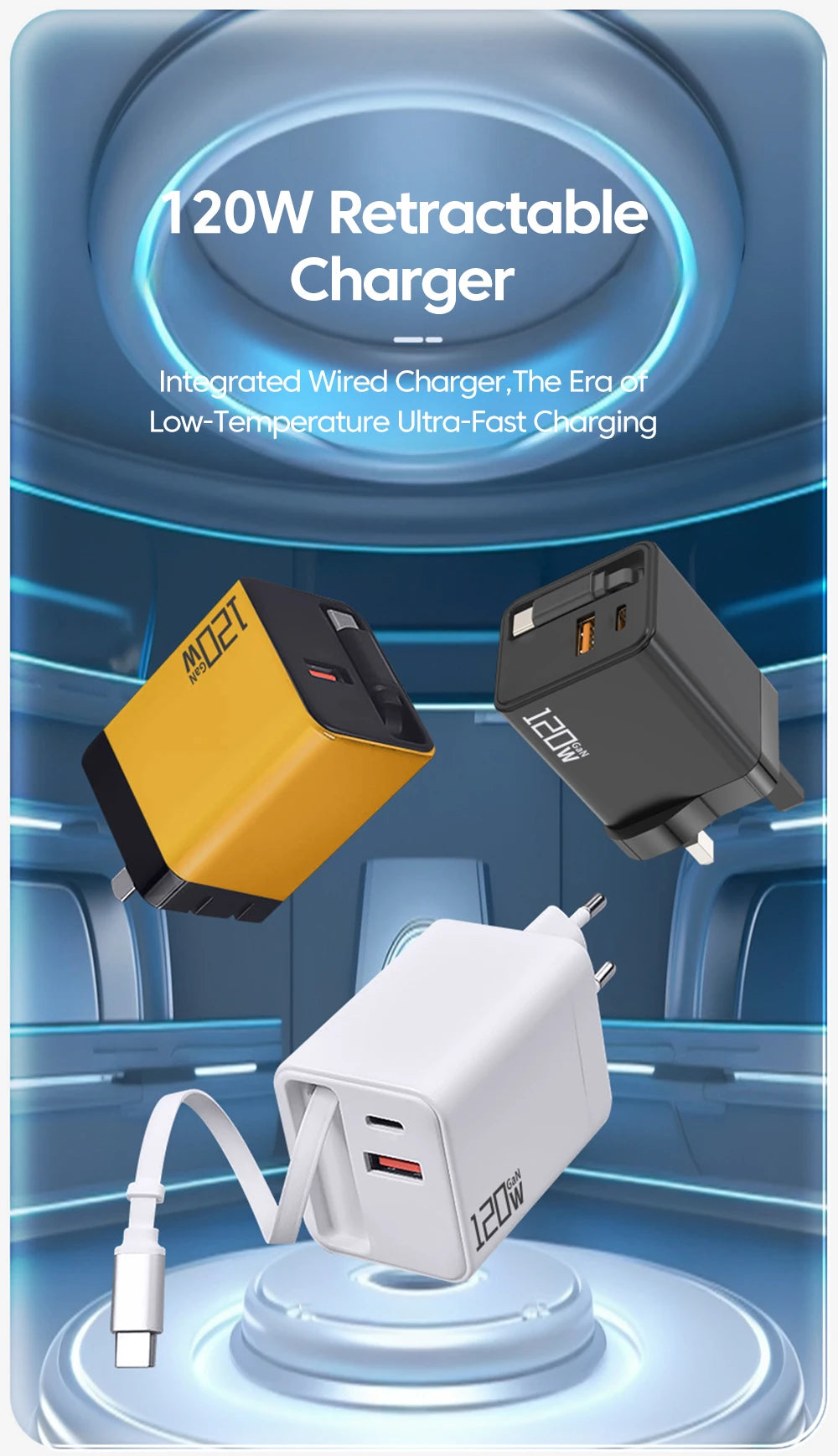 🔌 3-in-1 USB-C 120W Fast Charging Wall Adapter with Retractable Cable ⚡ | Dual Device Smart Charger for iPhone, Samsung & Google Pixel | Compact, Stylish & Travel-Ready