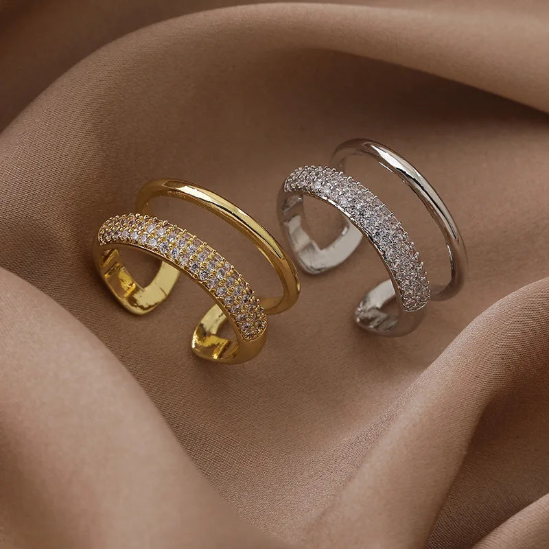 💍✨ Luxury Gold Color Double Layer Wide Couple Rings 💛 | Stainless Steel Shiny Crystal Rings for Women & Men 👩‍❤️‍👨 | Fashion Finger Jewelry Gift