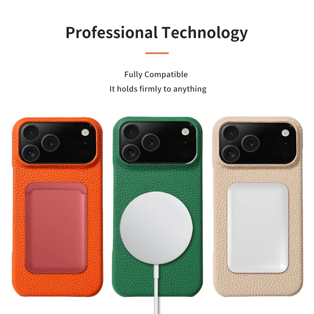 Luxury Lychee Cowhide Leather MagSafe Case for iPhone 17 / 16 / 15 Series