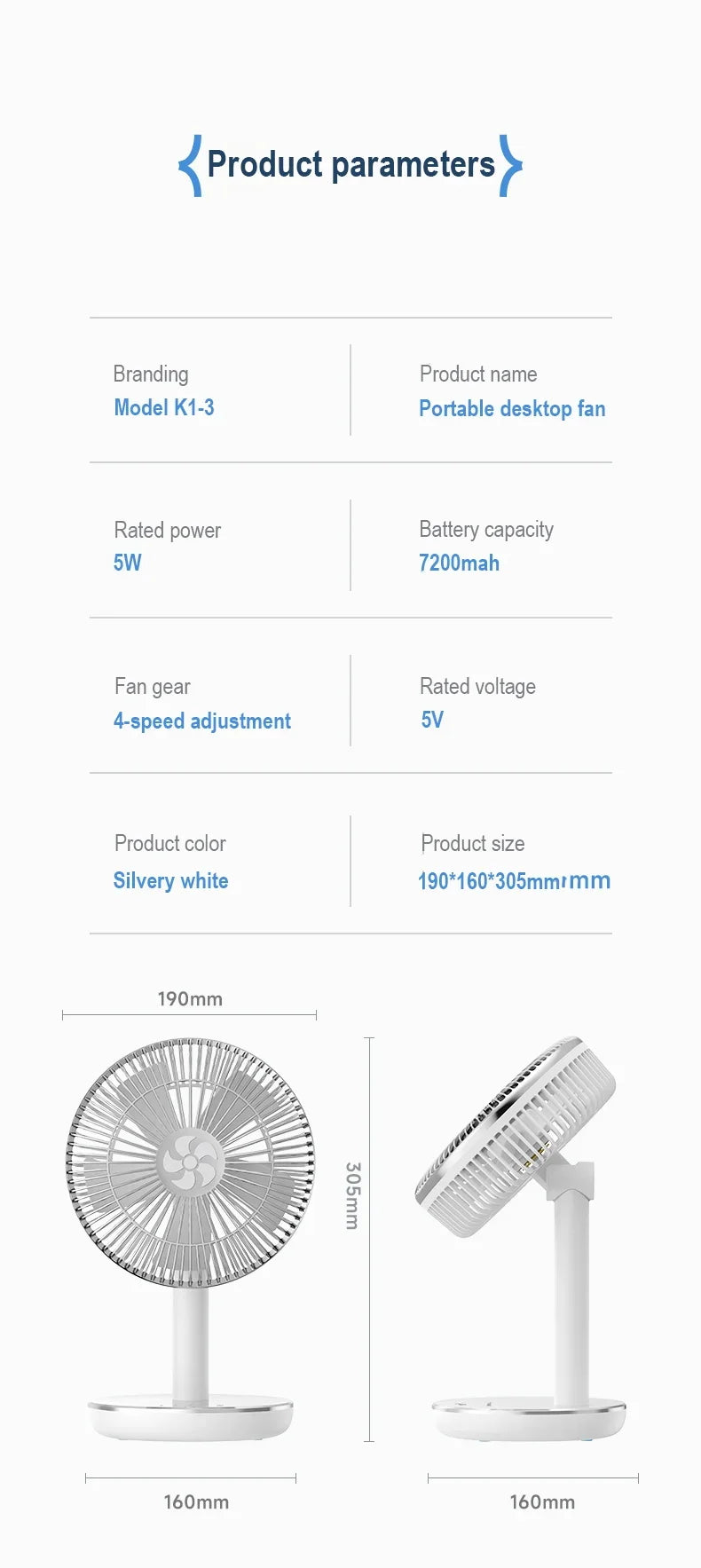 🌬️🔋 7200mAh Rechargeable Desktop Fan – High Wind Portable Table Fan