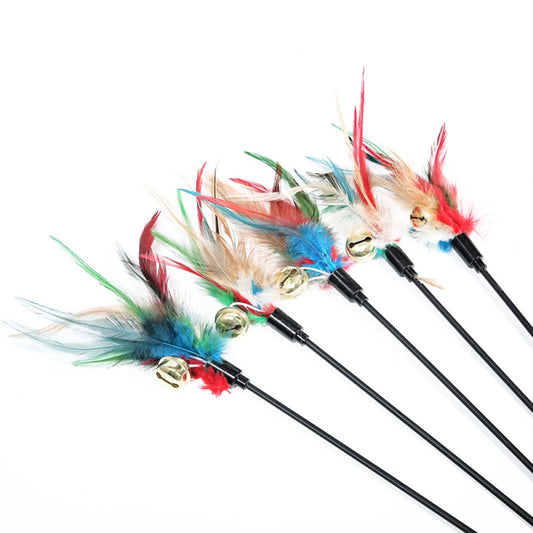 🐱🎣 Cat Interactive Feather Wand Toy Set (5PCS) – Colorful Chicken Feather Teaser with Bell | Portable Cat Stick Toys