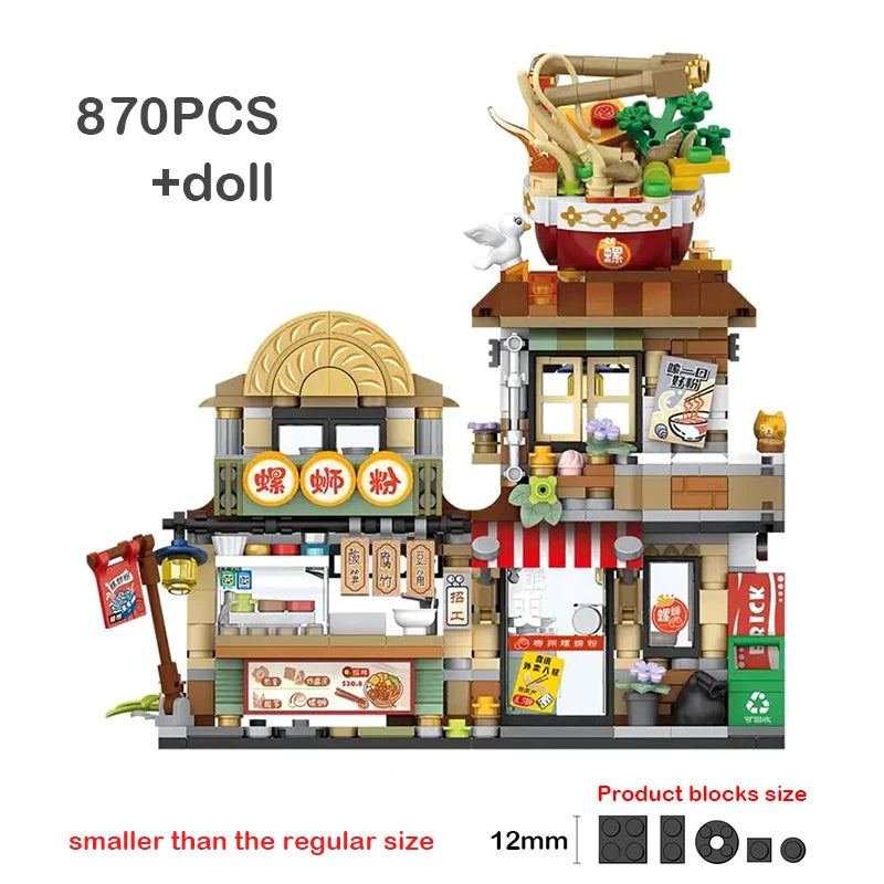 🍋🍜 Creative Mini Building Blocks – Snack Bar, Sea Fish Food House & Lemon Tea Shop DIY Puzzle Toy for Kids & Girls