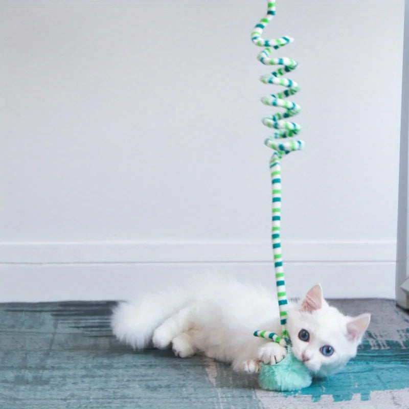 Interactive spring wand cat toy with flannelette pom-pom and hanging hook