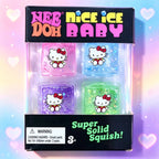 Four Hello Kitty-themed squishy cubes in pink, blue, purple, and green with a pastel heart background